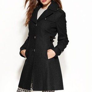 Black Wool-Blend Side-Buckle Walker Coat LIKE NEW